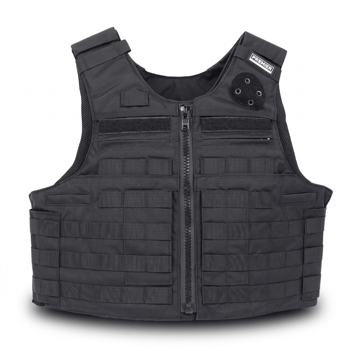 Premier Body Armor’s Patrol Charlie is a black tactical bulletproof vest featuring multiple rows of horizontal MOLLE webbing, a front zipper, and reinforced shoulder straps, displayed against a white background.