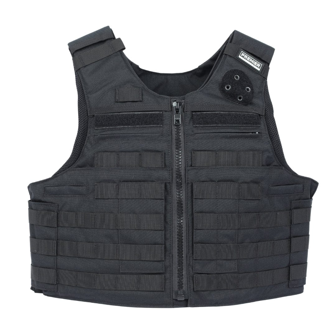 The Premier Body Armor Patrol Charlie is a black overt patrol vest with plate scalability, front zipper, horizontal webbing straps, two zippered chest pockets, a "POLICE" patch on the left shoulder area, and Level IIIA soft armor compatibility.