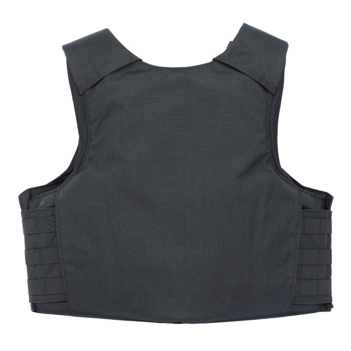 The Premier Body Armor Patrol Charlie vest in black is displayed against a white background. It has wide shoulder straps, adjustable side panels with horizontal webbing, and provides Level IIIA soft armor protection.