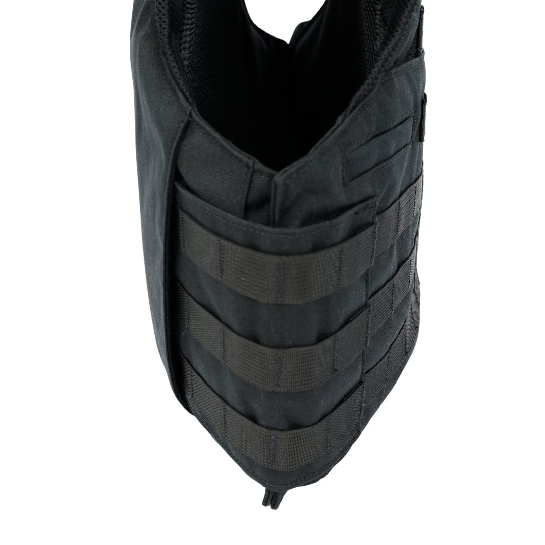 A close-up of the Patrol Charlie overt patrol vest by Premier Body Armor shows black horizontal webbing for modular pouches. Its durable fabric supports plate scalability and is compatible with Level IIIA soft armor.