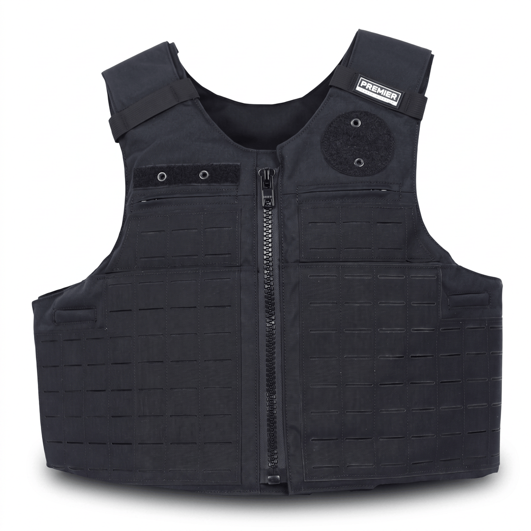 Introducing the Patrol Delta by Premier Body Armor: a black tactical vest featuring a front zipper closure, adjustable shoulder straps, and a grid-patterned front with laser-cut MOLLE for versatile attachment options. A small “Premier” patch accents the upper right shoulder. This patrol vest offers a durable, structured design and is engineered to accommodate Level IIIA soft armor for enhanced protection.