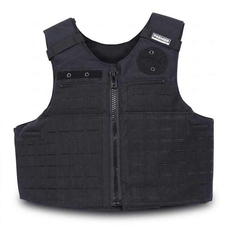 Introducing the Patrol Delta by Premier Body Armor: a black tactical vest featuring a front zipper closure, adjustable shoulder straps, and a grid-patterned front with laser-cut MOLLE for versatile attachment options. A small “Premier” patch accents the upper right shoulder. This patrol vest offers a durable, structured design and is engineered to accommodate Level IIIA soft armor for enhanced protection.