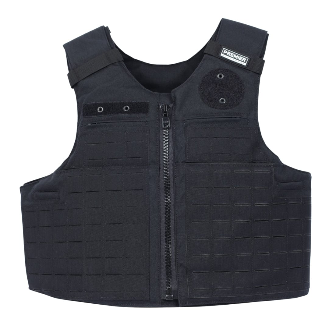 The Premier Body Armor Patrol Delta is a black Level IIIA soft armor vest with a zipper front, adjustable shoulder straps, an upper left "Premier" patch, and a MOLLE grid pattern for gear attachment.