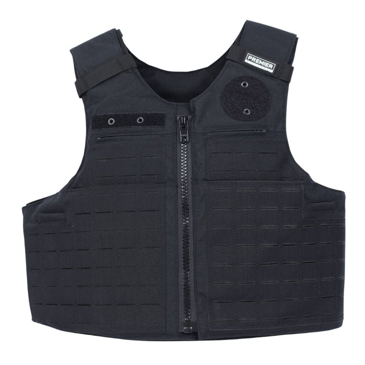 The Premier Body Armor Patrol Delta is a black Level IIIA soft armor vest with a zipper front, adjustable shoulder straps, an upper left "Premier" patch, and a MOLLE grid pattern for gear attachment.