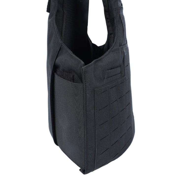 The Premier Body Armor Patrol Delta is a black tactical bag featuring multiple external pockets and a MOLLE loop grid on one side, shown standing upright against a plain white background.