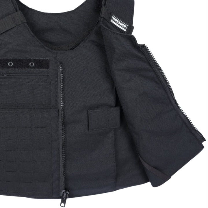 The Patrol Delta by Premier Body Armor is a black tactical vest with a front zipper, Velcro patches, and a brand label on the right shoulder. Durable fabric and multiple MOLLE attachment points allow for extensive customization.