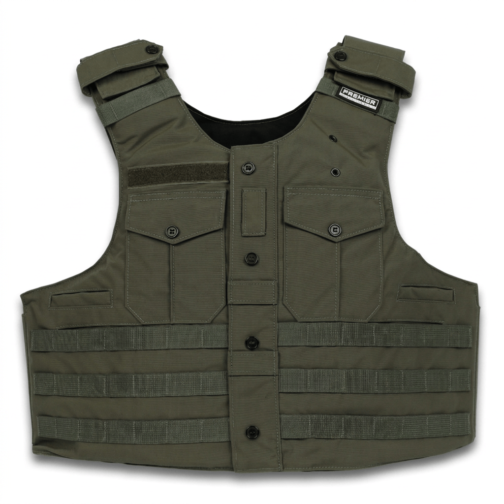 The Premier Body Armor Patrol Echo is a military-style tactical vest in olive green, featuring multiple pockets, button closures, velcro straps, and webbing for attachments—including 10x12 plate pockets for added protection—displayed on a plain white background.