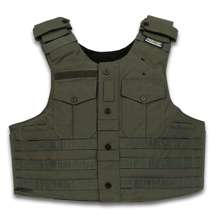 The Premier Body Armor Patrol Echo is a military-style tactical vest in olive green, featuring multiple pockets, button closures, velcro straps, and webbing for attachments—including 10x12 plate pockets for added protection—displayed on a plain white background.