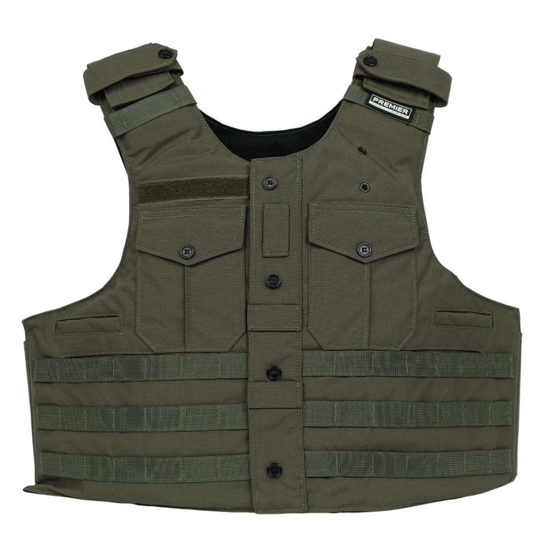 The Patrol Echo by Premier Body Armor is a green vest featuring multiple pockets, button closures, adjustable shoulder straps, hook-and-loop fasteners, and horizontal laser MOLLE. A "PREMIER" patch appears on the right shoulder.
