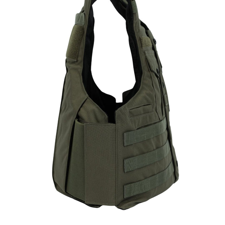The Premier Body Armor Patrol Echo vest, shown on a plain white background, features side and front pockets, adjustable straps, and horizontal laser MOLLE webbing for attachments.