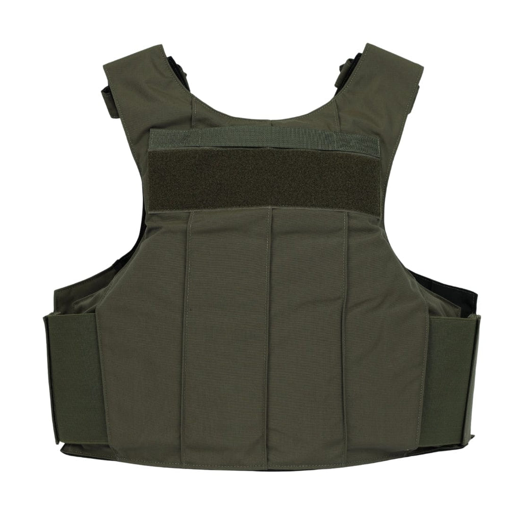 The Premier Body Armor Patrol Echo is a dark green Level IIIA soft armor vest with wide shoulder straps, front and side coverage, chest velcro patch, and reinforced paneling, shown on a white background.