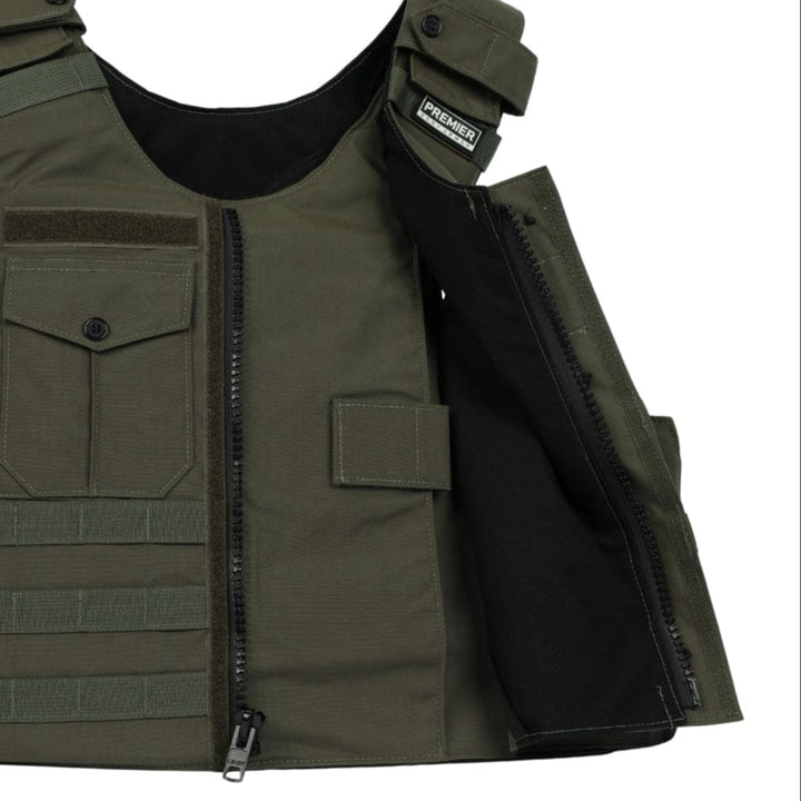 The Premier Body Armor Patrol Echo is an olive green vest with zippered and Velcro front closures, multiple pockets, attachment points, a partially visible inner lining, laser MOLLE compatibility, and a "Premier" tag near the collar.