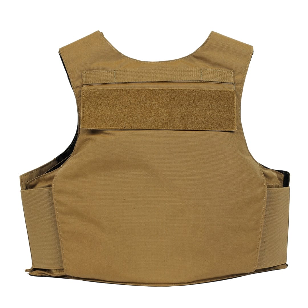 The Patrol Foxtrot by Premier Body Armor is a tan Level IIIA patrol vest with a rectangular Velcro patch on the upper back, adjustable side straps, and a simple design, shown flat against a white background.