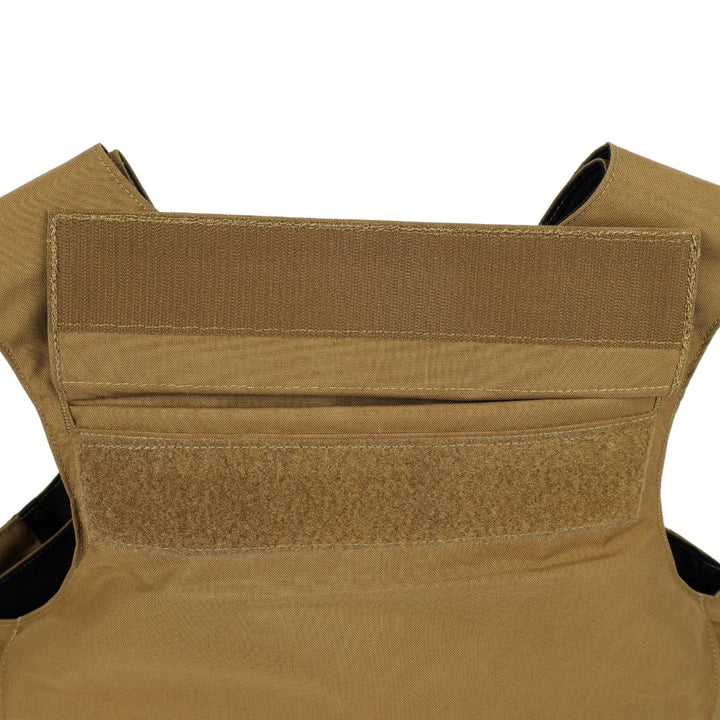 Close-up of the upper back section of the Premier Body Armor Patrol Foxtrot, highlighting two horizontal Velcro panels, precise stitching, and textured fabric for plate pockets.