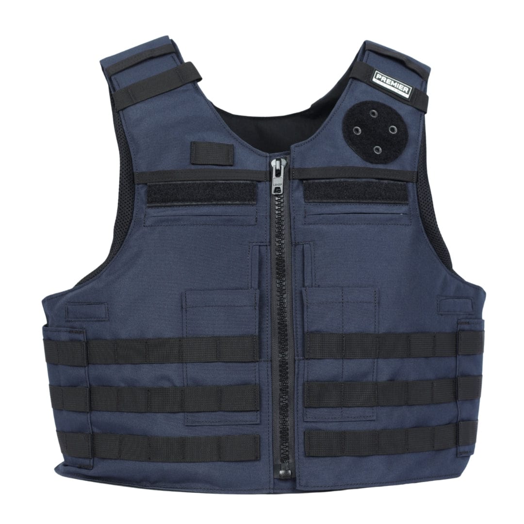 The Premier Body Armor Patrol Hotel is a navy blue vest with black straps, MOLLE webbing, mesh side panels, front zipper closure, and a "Premier" patch on the upper right chest. It offers versatile plate carrier compatibility.