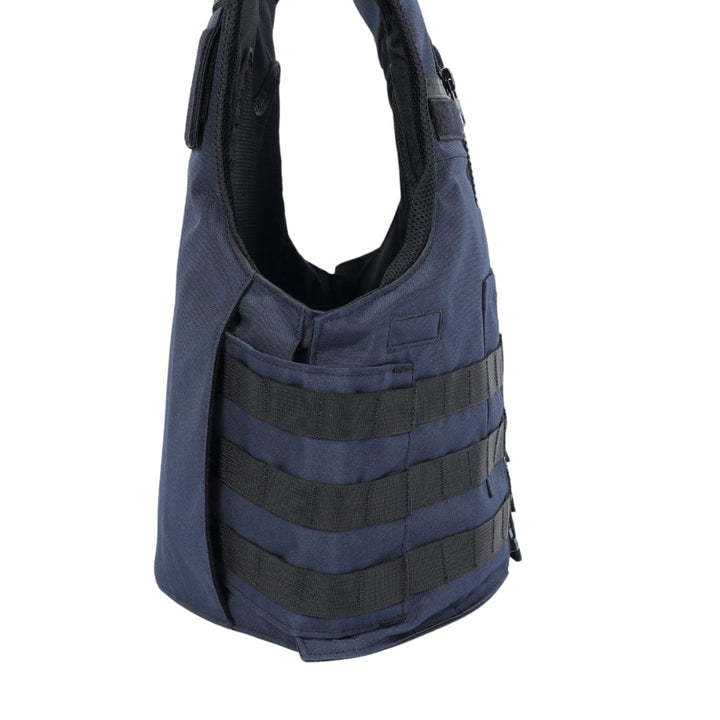 The Premier Body Armor Patrol Hotel is a blue tactical vest with black horizontal MOLLE webbing on the side, designed for carrying gear or equipment. The vest is shown upright against a white background.