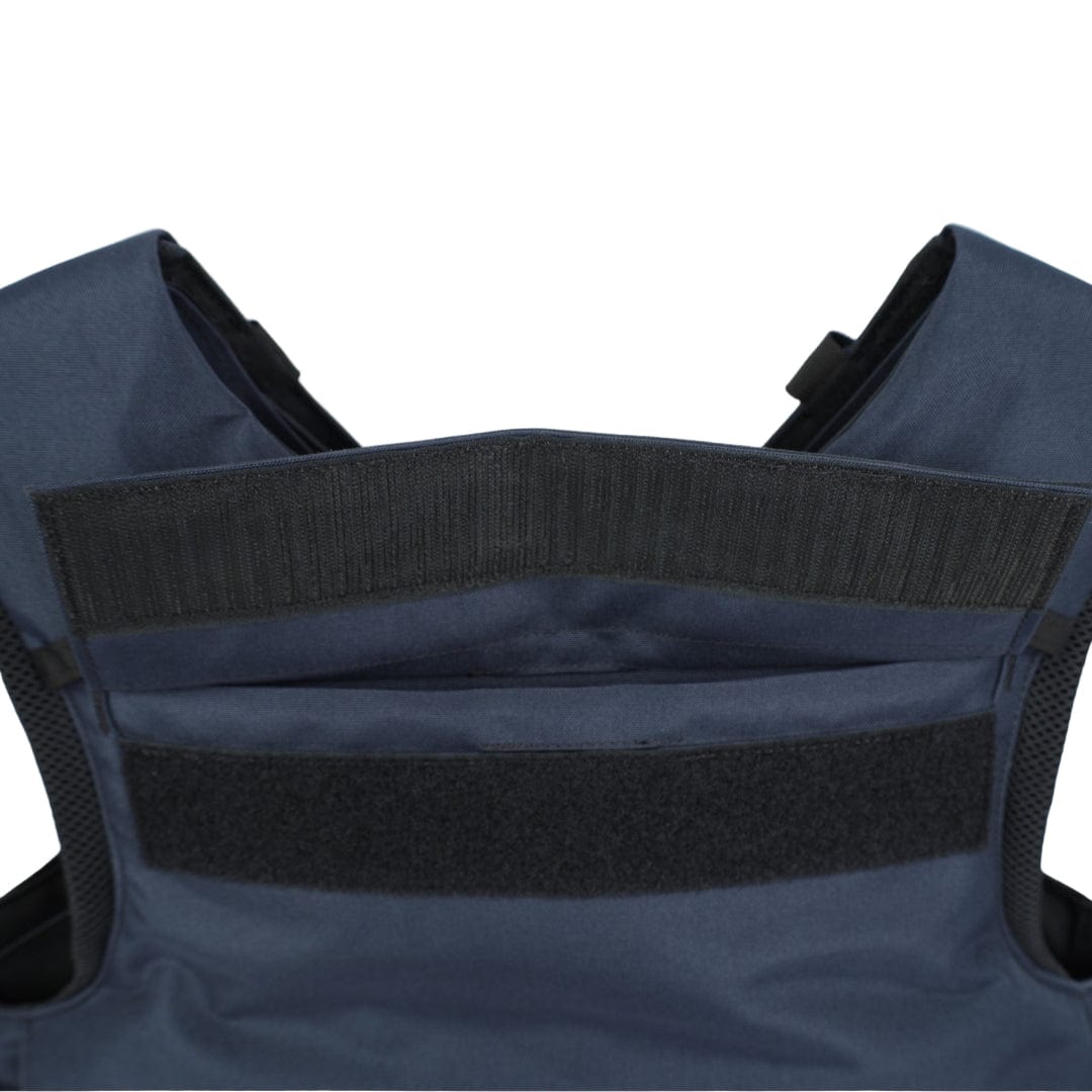 Close-up of the upper back of the Premier Body Armor Patrol Hotel plate carrier, featuring two horizontal hook-and-loop fastener strips and padded shoulder straps, shown against a plain white background.