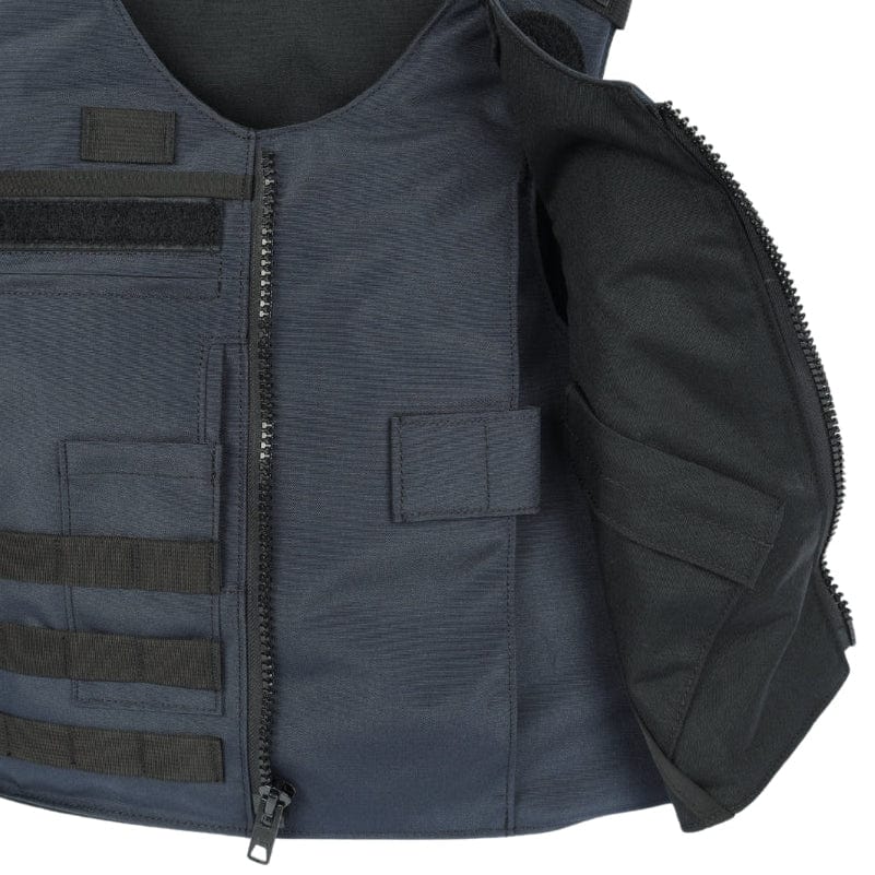The Premier Body Armor Patrol Hotel is a dark tactical patrol vest with front zipper, multiple pockets, Velcro patches, and MOLLE loops; shown partially unzipped to display the inner lining.