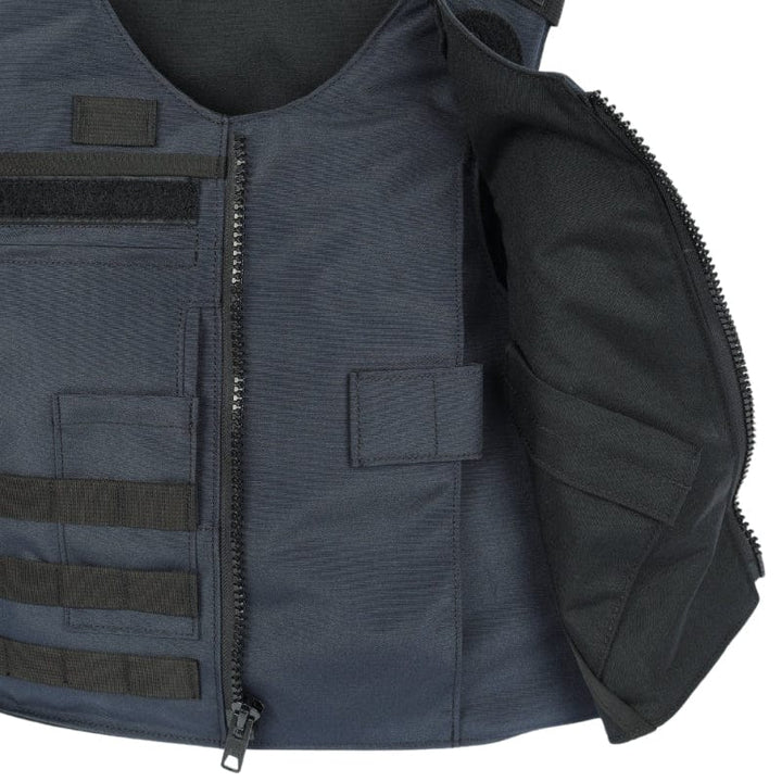 The Premier Body Armor Patrol Hotel is a dark tactical patrol vest with front zipper, multiple pockets, Velcro patches, and MOLLE loops; shown partially unzipped to display the inner lining.