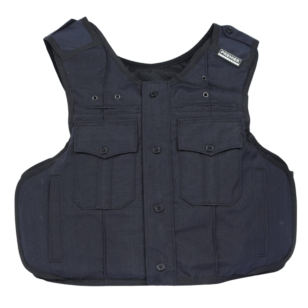 A black Patrol India overt carrier vest by Premier Body Armor, featuring multiple front pockets, buttons, and a Premier label on the right shoulder, laid flat on a white background.