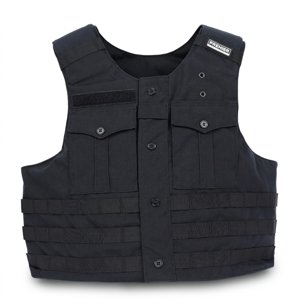 A black tactical vest with button closures, multiple front pockets, and horizontal webbing straps, shown against a plain white background.