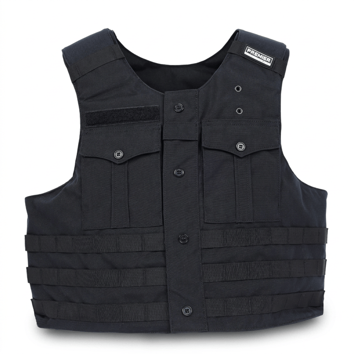 A black tactical vest with button closures, multiple front pockets, and horizontal webbing straps, shown against a plain white background.