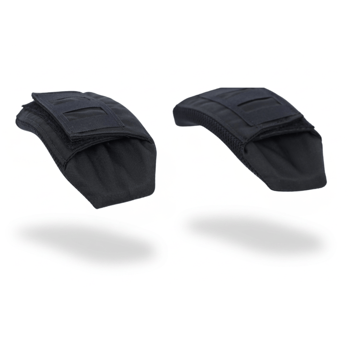 Two black Fortis Shoulder Pads by Premier Body Armor, featuring flap closures, hang against a white background. Each padded fabric pouch displays visible stitching along the top and casts a soft shadow below. Special discounts for military, law enforcement, and first responders are available to eligible customers.