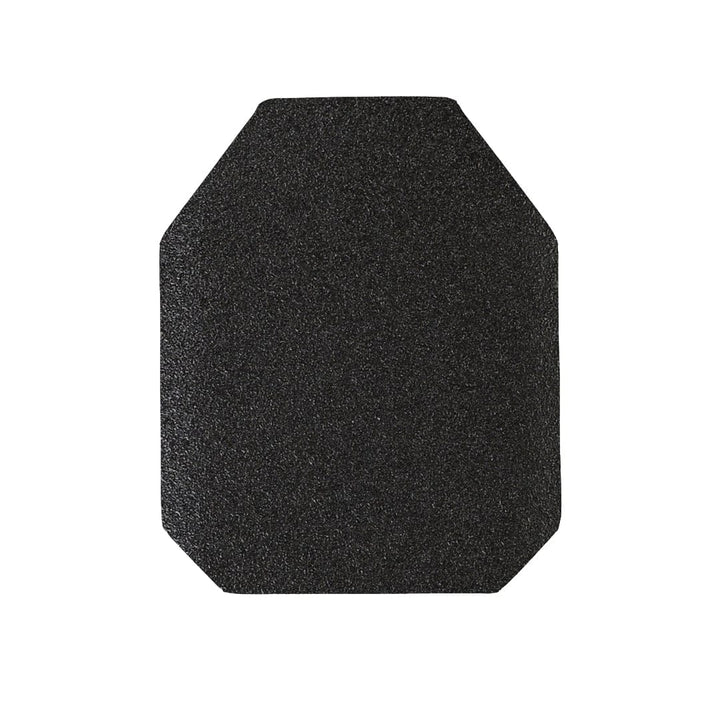 The Highcom AR1000 Guardian Level III+ Plate by Premier Body Armor is a black, rectangular plate with rounded edges and cut corners made from Ultra High Hardness Steel. Its textured, matte surface showcases its strength against a plain white background.