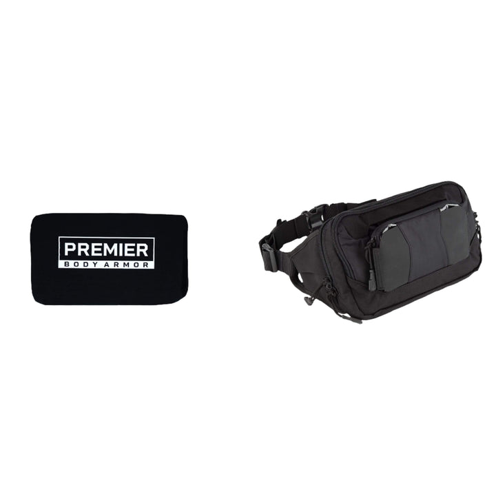 The image displays a Vertx SOCP Tactical Fanny Pack Bundle on a white background, featuring a Premier Body Armor Level IIIA ballistic insert alongside a black Vertx SOCP Tactical Fanny Pack. The ballistic panel is labeled with "Premier Body Armor" in white text. A red plus sign between the two items indicates that they are sold as a set.