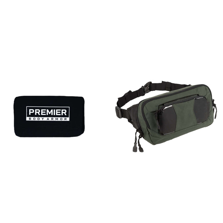 A Vertx SOCP Tactical Fanny Pack Bundle, featuring a green fanny pack with multiple compartments and zippers, and a black Premier Body Armor panel with a Level IIIA ballistic insert, is displayed on a plain white background. A plus symbol between them signifies their combination as an American Made Body Armor set from the Vertx/Premier brand.