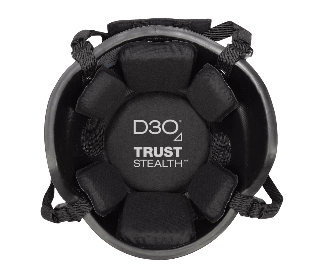 Top view of a black tactical helmet with D30 branding featuring the D3O Stealth Helmet Pad System. It provides impact protection with padded compartments for comfort and safety, plus adjustable straps for a secure fit.