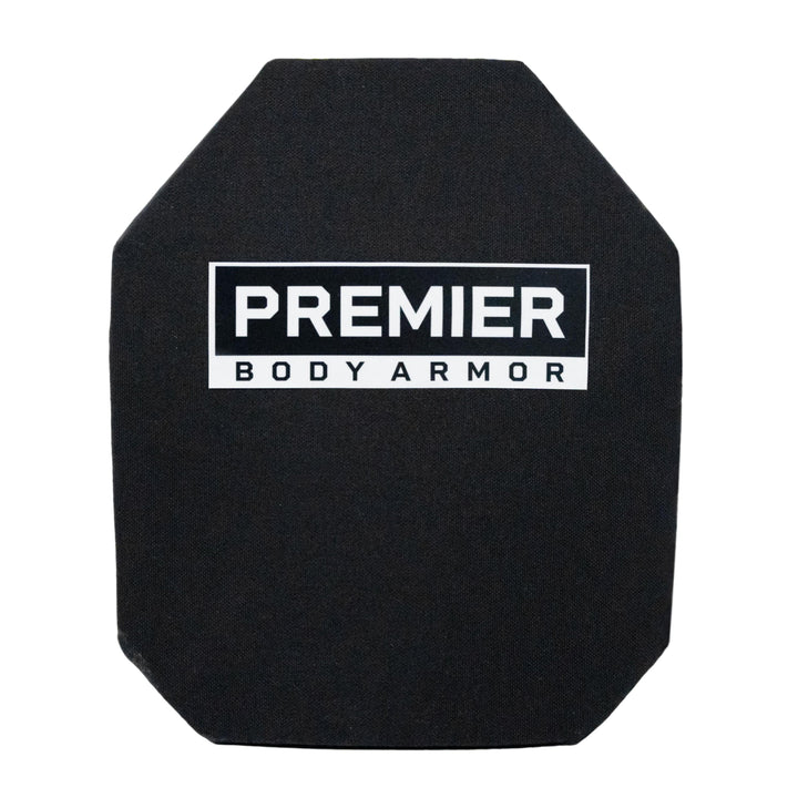 The black STRATIS-Max Level IV Plate by Premier Body Armor features a rectangular design with chamfered top corners and a multi-curve for enhanced fit, marked as "Premier Stratis-MAX" on the front in white text.