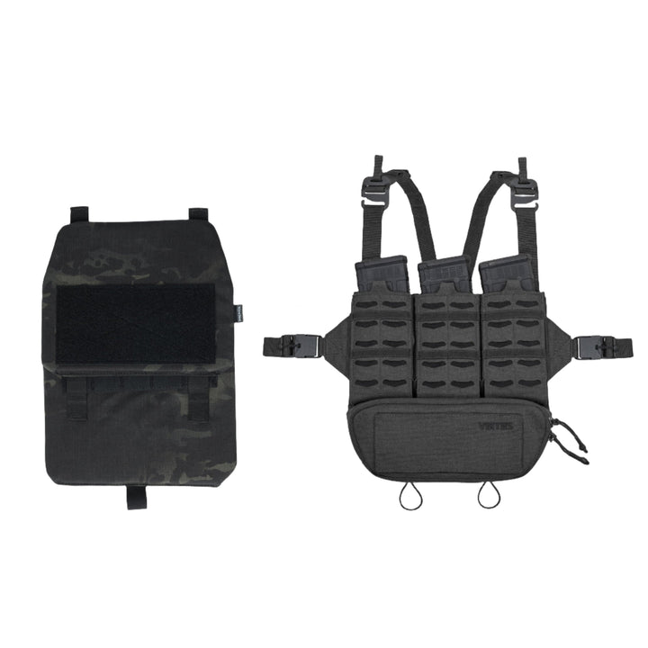 Two pieces of tactical gear are displayed. The item on the left appears to be a black back panel, and the item on the right is an Armored Viktos Taculus MX Chest Rig Bundle by Viktos/Premier, featuring straps, buckles, and various pouches. Both pieces are MOLLE compatible and designed for carrying equipment using ArmorSHIFT Technology.