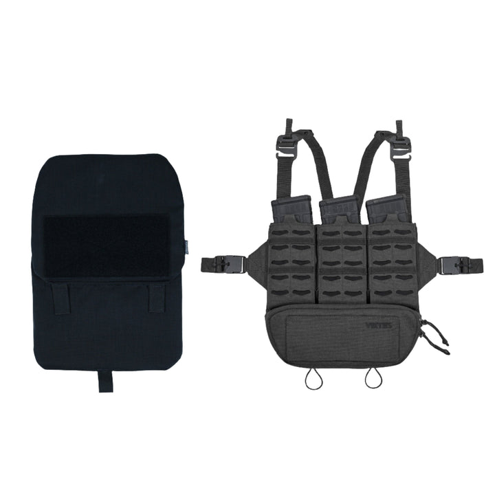 The image showcases two tactical gear items against a plain white background. On the left is a black pouch with a flap cover, featuring ArmorSHIFT Technology. On the right is the Armored Viktos Taculus MX Chest Rig Bundle by Viktos/Premier, which includes adjustable straps and various MOLLE compatible pouches, as well as a front zipper pouch.