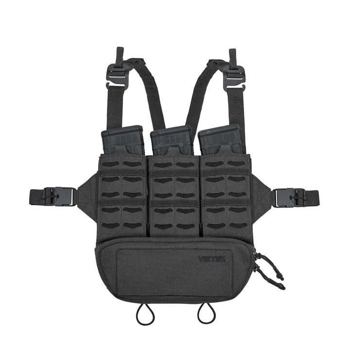 The Viktos Taculus MX Chest Rig in black features adjustable shoulder straps and multiple webbing slots. It includes three rifle magazine pouches on the front and a zippered pouch at the bottom. The "VIKTOS" text is prominently displayed on the front pouch, making it perfect for tactical operations.