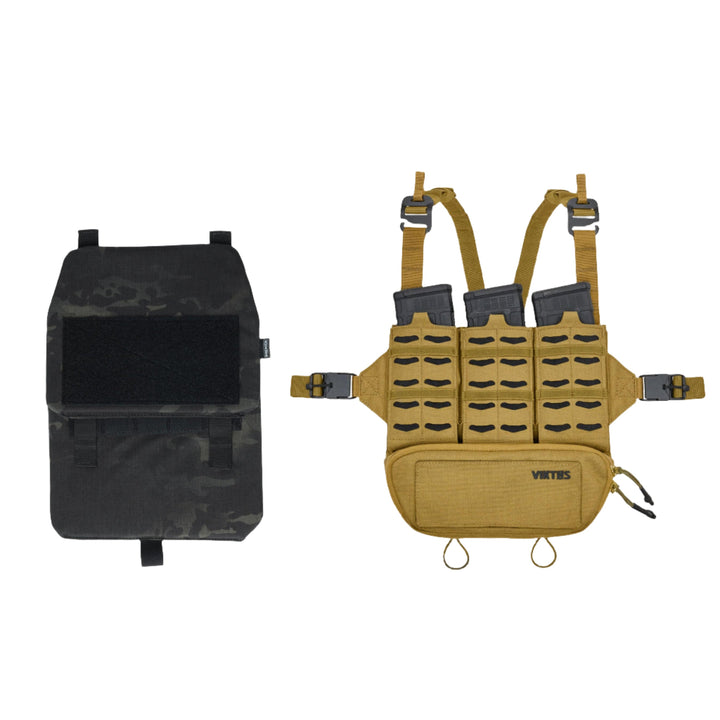 The image displays two pieces of tactical gear against a white background. On the left is a black armored plate featuring ArmorSHIFT Technology, and on the right is the tan Viktos Taculus MX Chest Rig, which includes multiple pouches, adjustable shoulder straps, and MOLLE compatibility. This bundle is branded by Viktos/Premier as the Armored Viktos Taculus MX Chest Rig Bundle.