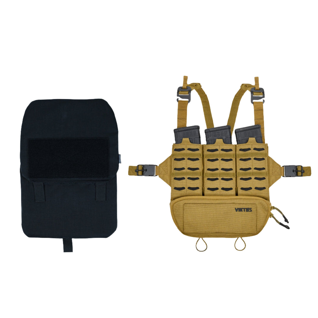 The image shows two pieces of the Armored Viktos Taculus MX Chest Rig Bundle laid out side by side. On the left is a black utility pouch, and on the right is a tan MOLLE compatible chest rig with adjustable straps. The rig features multiple pockets, ArmorSHIFT Technology, and a front zipper pouch labeled "VITES," all from the brand Viktos/Premier.