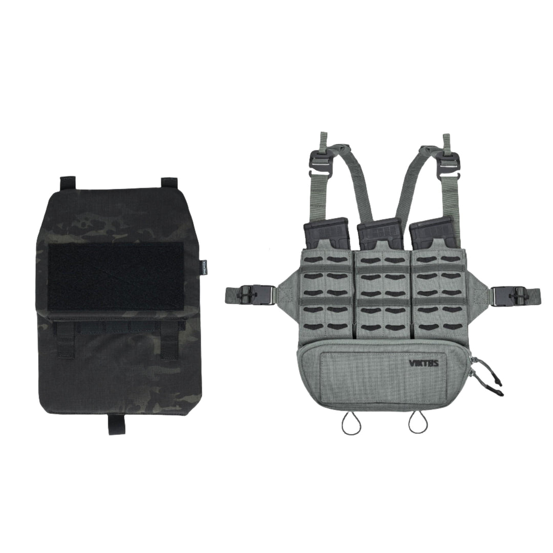 Two tactical gear items are displayed against a white background. On the left is a black, rectangular attachment panel with straps and a velcro area. On the right is the gray Viktos/Premier Armored Viktos Taculus MX Chest Rig Bundle featuring ArmorSHIFT Technology, multiple pouches, adjustable shoulder straps, and buckles.