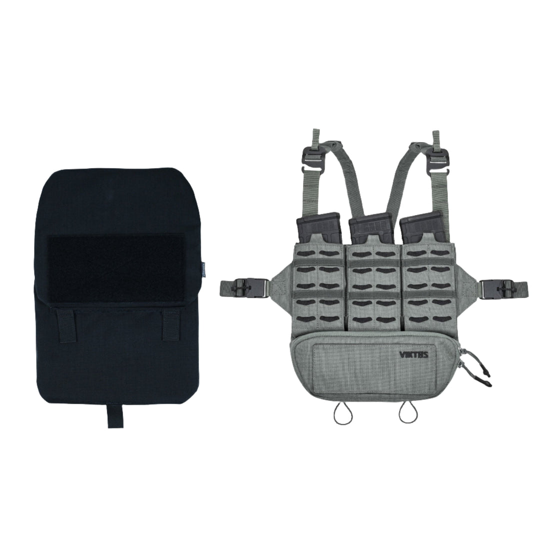 The image shows two tactical gear items: on the left, a black, rectangular MOLLE compatible backpack or pouch with a velcro flap, and on the right, the Armored Viktos Taculus MX Chest Rig Bundle by Viktos/Premier in gray, featuring ArmorSHIFT Technology with multiple attachment points, buckles, and a zippered pouch at the bottom.