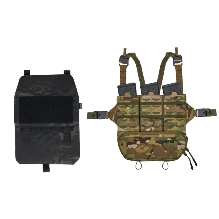 The image shows two tactical gear items. On the left is a black tactical backpack with a Velcro area and MOLLE compatibility for additional attachments. On the right is an Armored Viktos Taculus MX Chest Rig Bundle by Viktos/Premier in camouflage, featuring multiple pouches and compartments, adjustable straps, and buckles. Both are designed for military or tactical use.