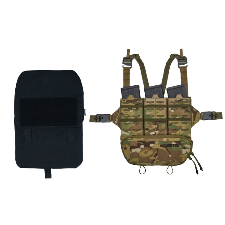 Image shows two tactical gear items. On the left is a black utility pouch, partially open. On the right is the Armored Viktos Taculus MX Chest Rig Bundle by Viktos/Premier, featuring multiple pouches and adjustable straps. The MOLLE compatible chest rig is designed for carrying equipment securely and efficiently.