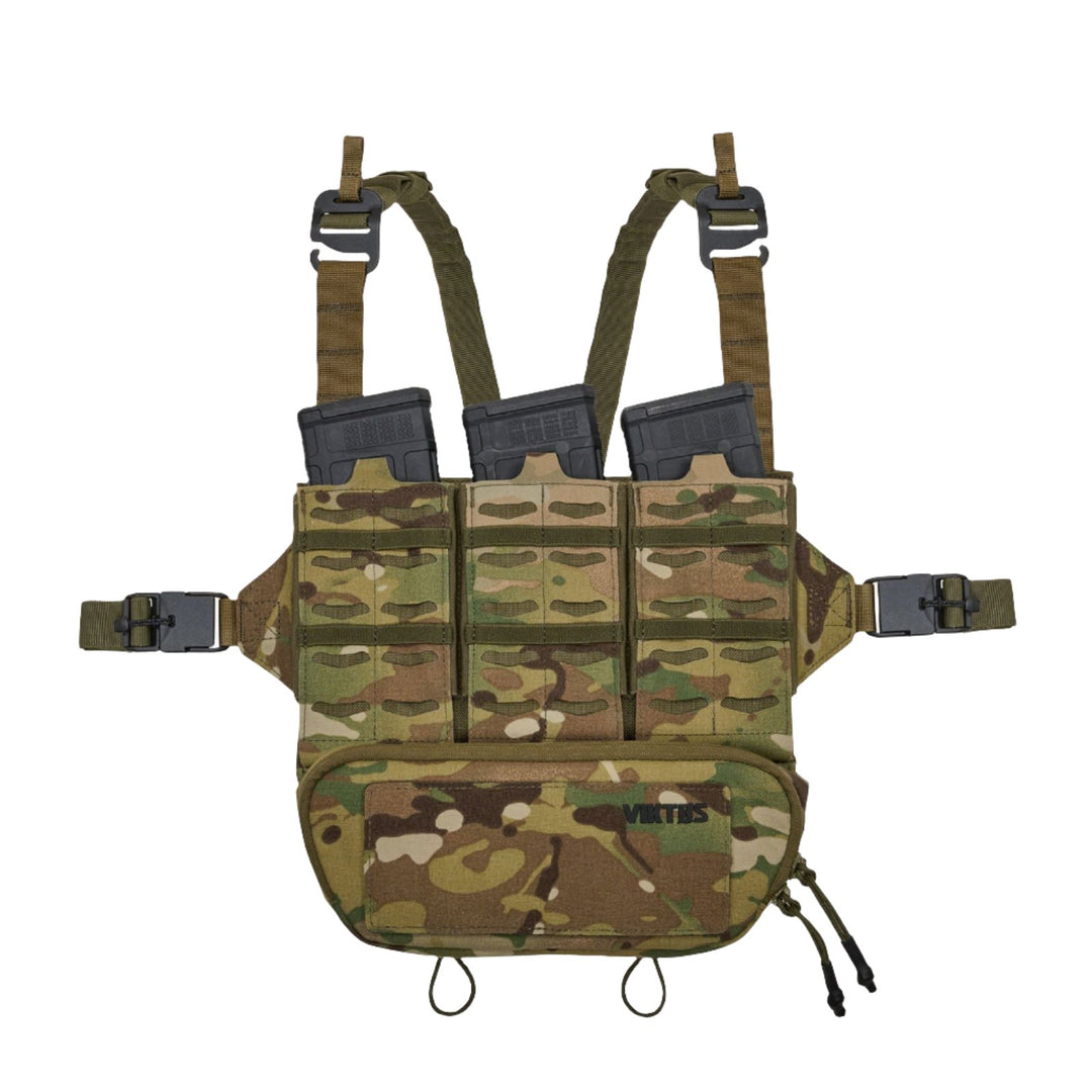 A military-style camouflage Viktos Taculus MX Chest Rig with adjustable straps and multiple pouches containing three black magazines. Designed for tactical operations, the rig features a large zippered pouch at the bottom with the word "Virtus" printed on it.