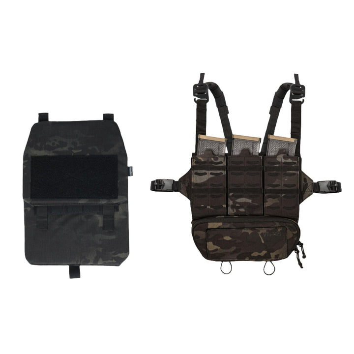 This image shows two tactical gear items against a white background. On the left is a black camouflage plate carrier back panel with MOLLE compatible attachment loops. On the right is the Armored Viktos Taculus MX Chest Rig Bundle by Viktos/Premier, featuring adjustable straps, multiple pockets, and a zippered pouch, all enhanced with ArmorSHIFT Technology.