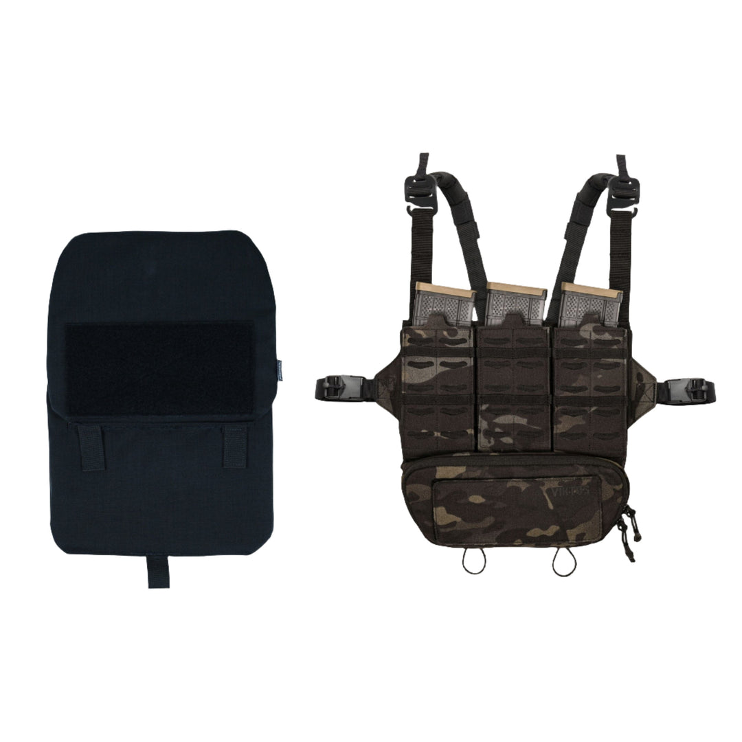 Image of a black tactical backpack laying flat next to the Armored Viktos Taculus MX Chest Rig Bundle by Viktos/Premier in camouflage pattern. The chest rig, featuring MOLLE-compatible pouches and straps, is designed for carrying various items and equipment.