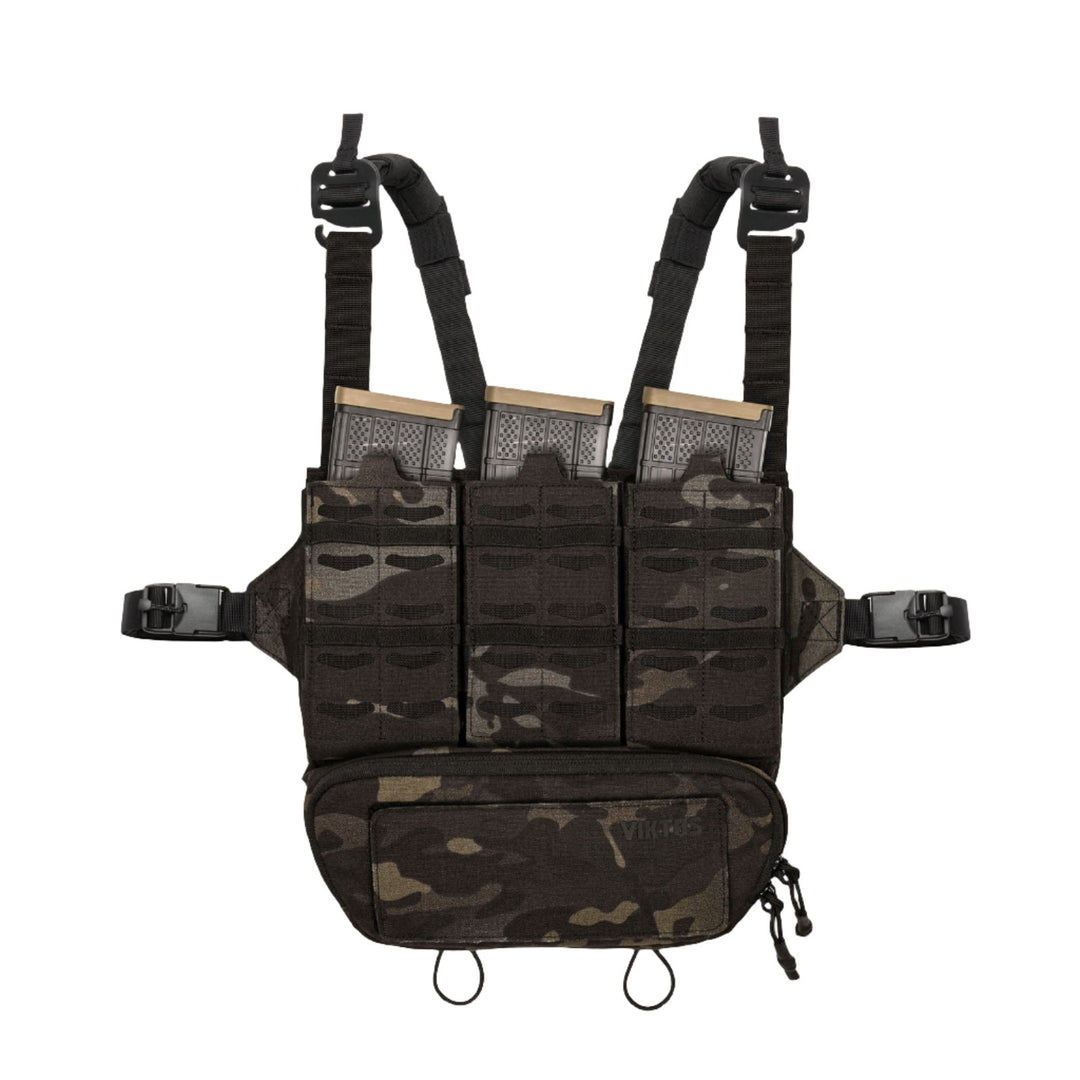 A Viktos Taculus MX Chest Rig from Viktos featuring an adjustable harness with a camouflage pattern. This tactical vest includes three magazine pouches for holding rifle magazines and a front zippered pouch with the word “Tactical” visible, making it ideal for tactical operations.