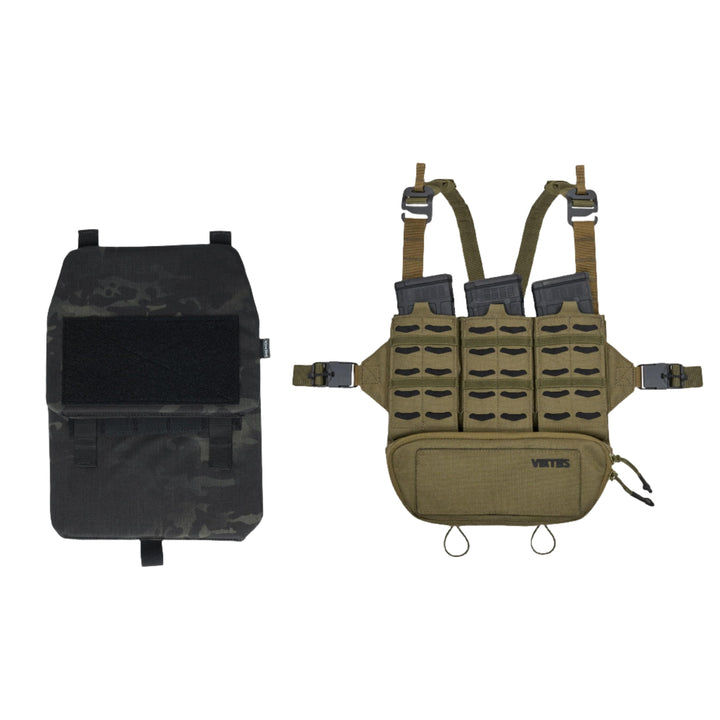 Two tactical gear items are displayed against a white background. On the left is a tactical pouch with Velcro, appearing black and camo-patterned. On the right is a tan-colored Armored Viktos Taculus MX Chest Rig Bundle featuring multiple pouches and MOLLE webbing, incorporating ArmorSHIFT Technology. The chest rig has the brand names "Viktos" and "Premier" on a front pouch.