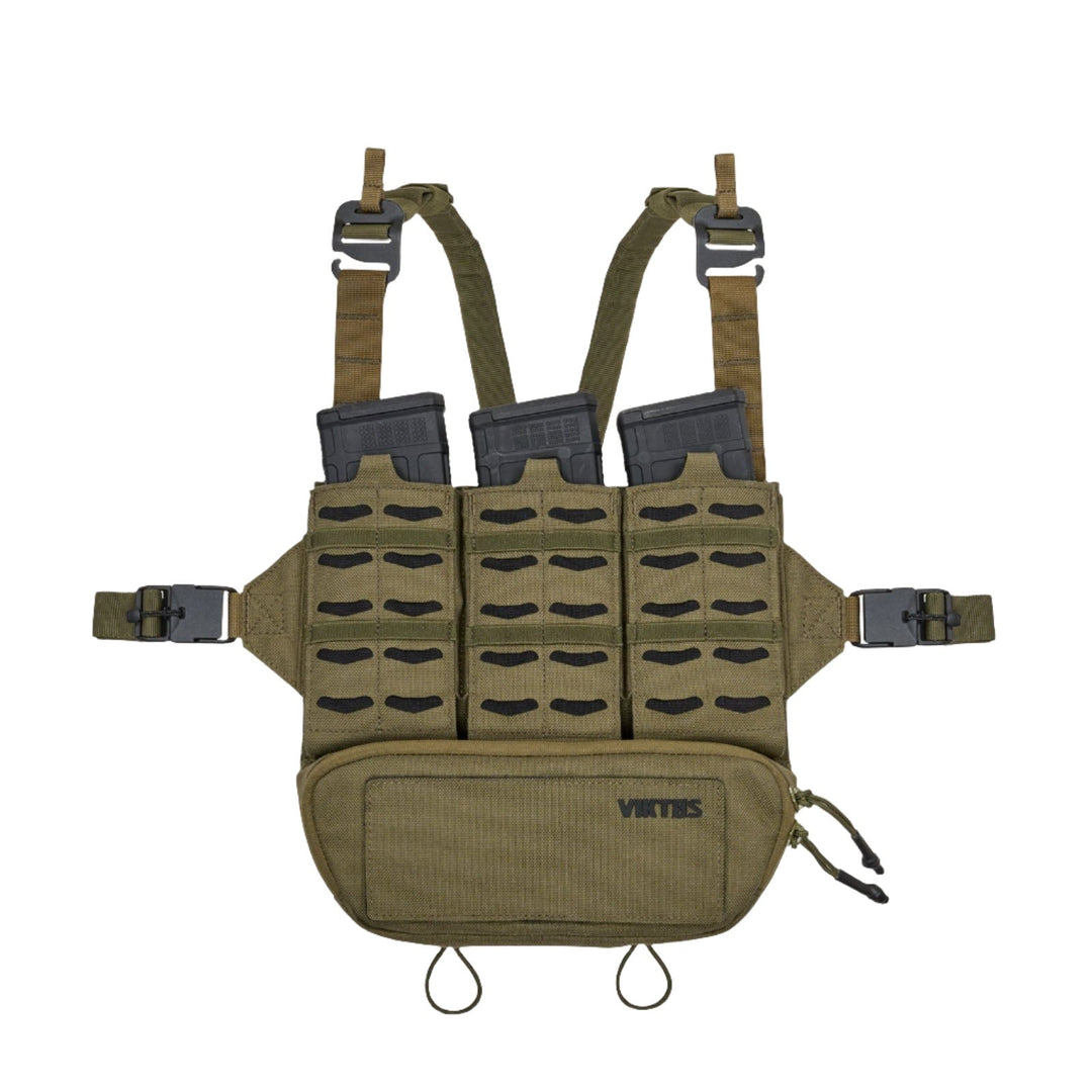 The image shows a Viktos Taculus MX Chest Rig in olive drab. It features multiple rows of modular attachment points, three magazine pouches at the front, and a zippered pouch at the bottom. Straps and buckles are attached for securing the rig to the body during tactical operations.