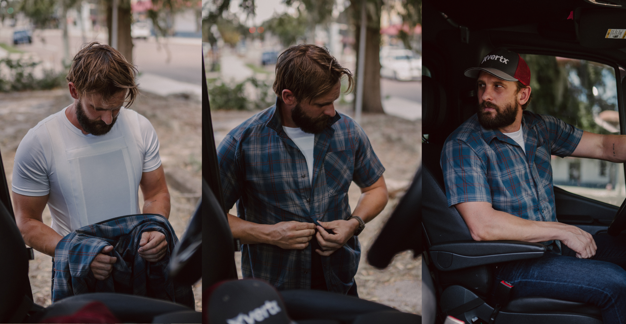 Three images depict a bearded man with a plaid shirt: on the left, he is wearing a white undershirt and holding the plaid shirt; in the center, he buttons the plaid shirt; on the right, he is seated in a vehicle, wearing the plaid shirt and a red and white hat.