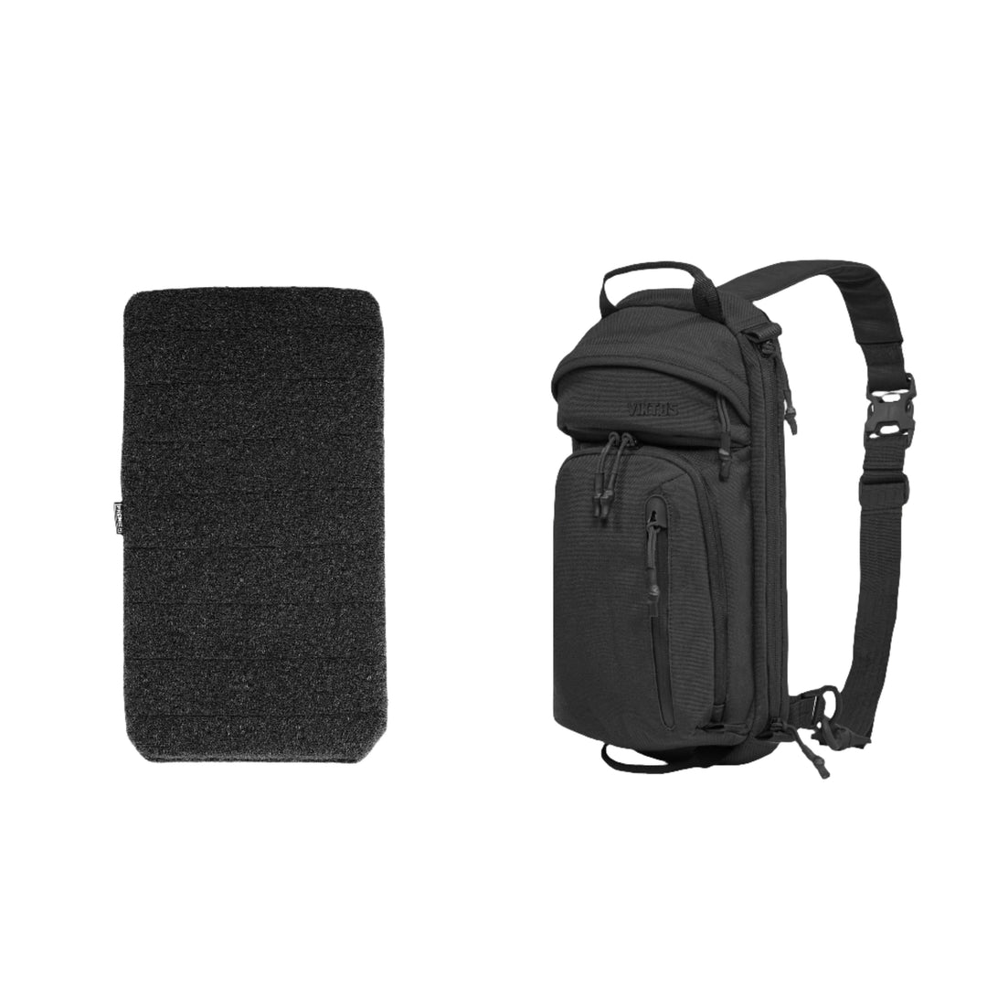 A side-by-side comparison of a black rectangular padded case and the Viktos/Premier Armored Viktos Upscale3 Bundle with multiple compartments and adjustable straps. Both items, ideal for minimalist concealed carry, appear clean and new against a plain white background.