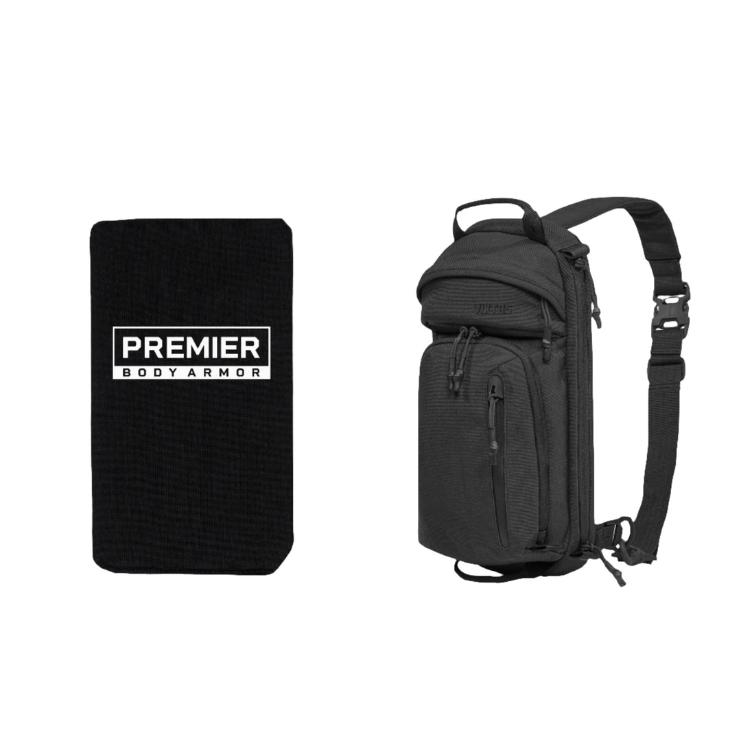 The image shows two products side by side: a rectangular black ballistic insert panel featuring the "Premier Body Armor" logo in white text and an Upscale3 Slingbag in black with multiple compartments and an adjustable strap. Both are part of the Armored Viktos Upscale3 Bundle by Viktos/Premier.